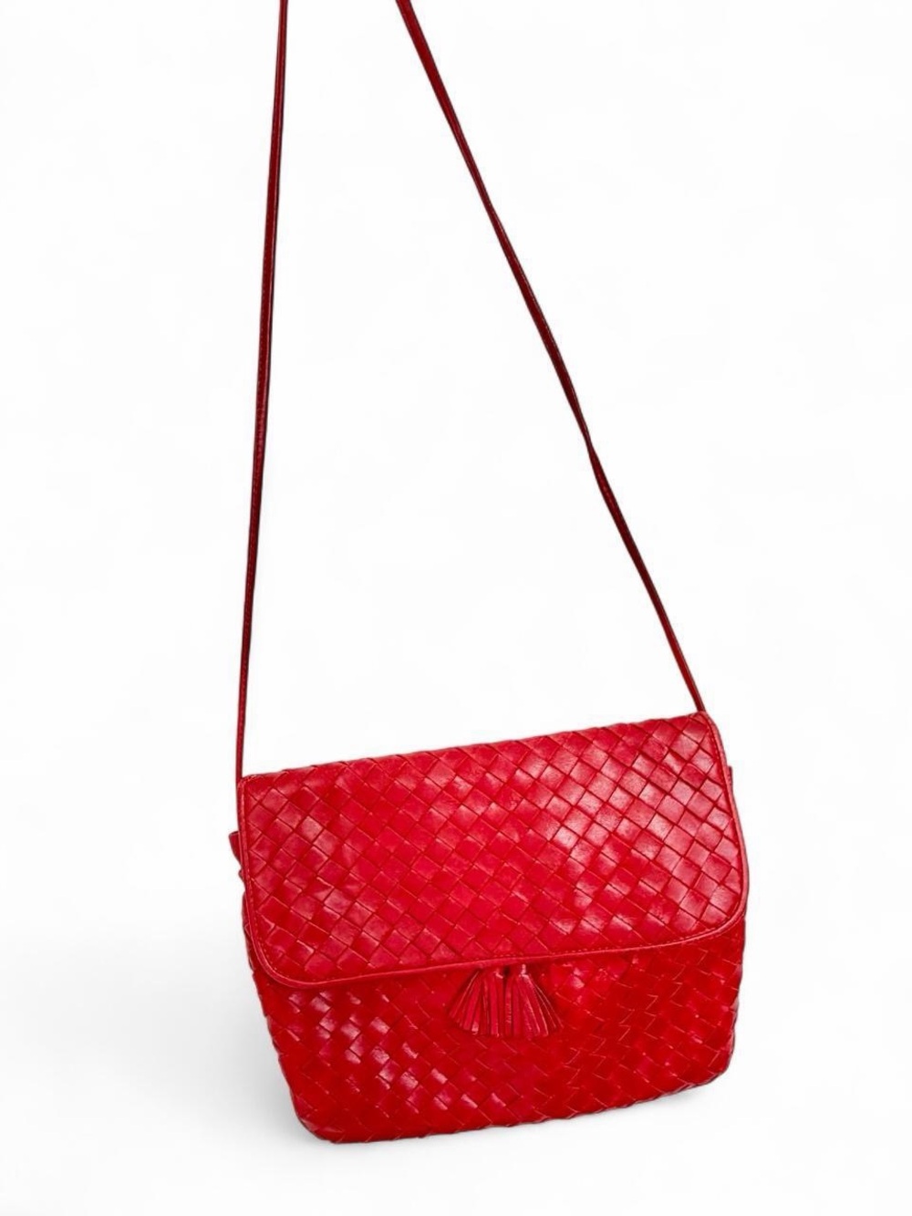 Vintage Fenice Red Woven Leather Crossbody with Tassel Accent Made in Italy - Picture 2 of 7
